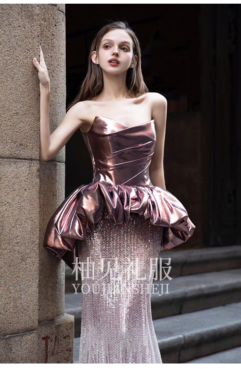 Fishtail Evening Dress Women's High-Grade Banquet Temperament Host Tube Top Bride Engagement Dress Toast Dress Autumn