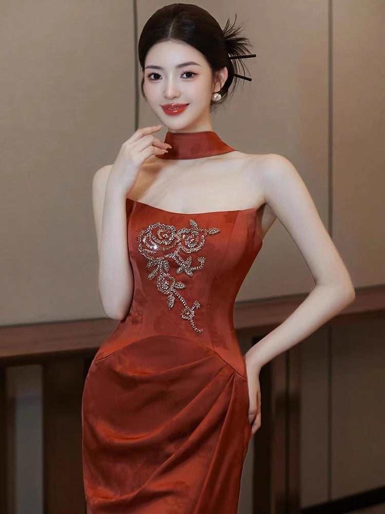 New Chinese Style Morning Gowns Women's 2024 New High-Grade Bride Engagement Formal Dress Toast Dress Tube Top out of Court Banquet Fishtail Skirt