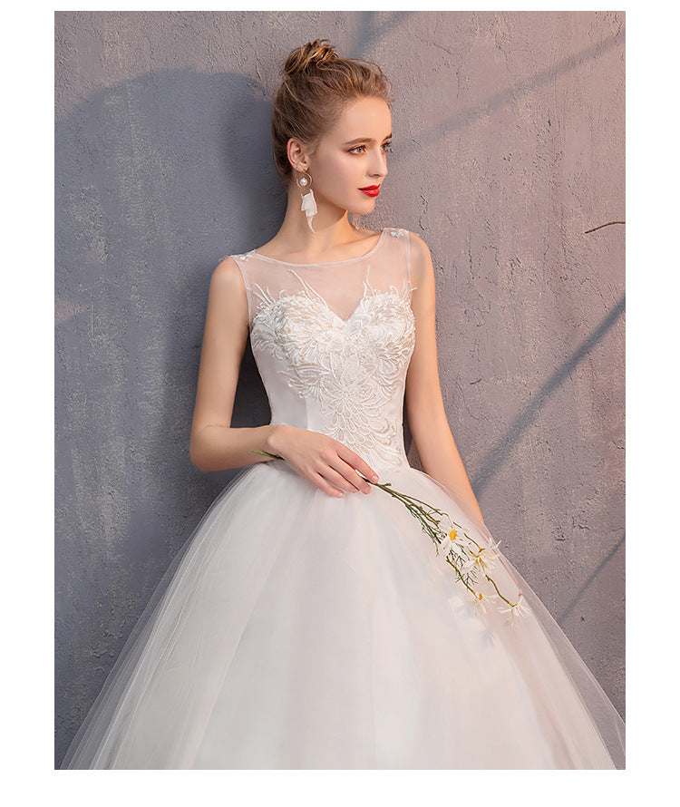 Romantic Slim-Fit Lace up Floor-Length Dress Elegant Shoulder round Neck Wedding Wedding Dress Floor-Length Wedding Dress