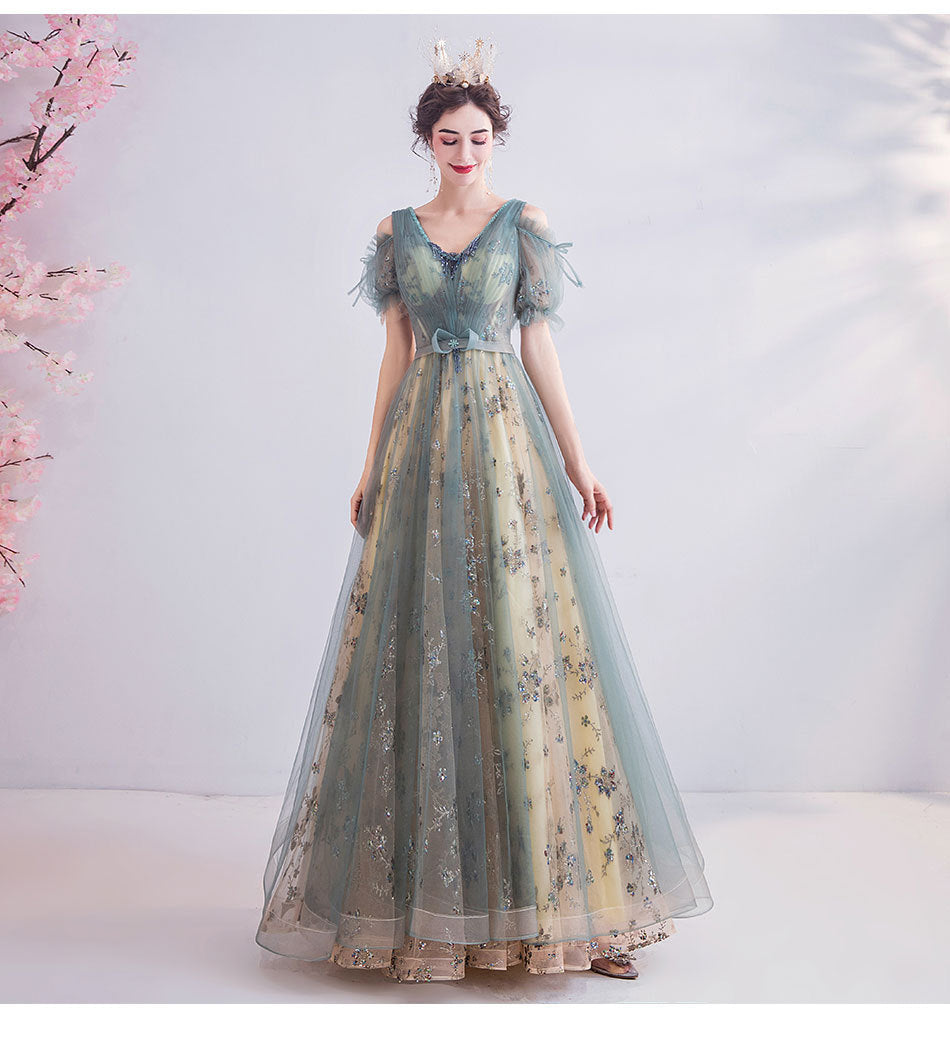 Stage Performance Host's Dress 2024 New Deep V-neck Retro Green off-the-Shoulder Puff Sleeves Dress Wholesale