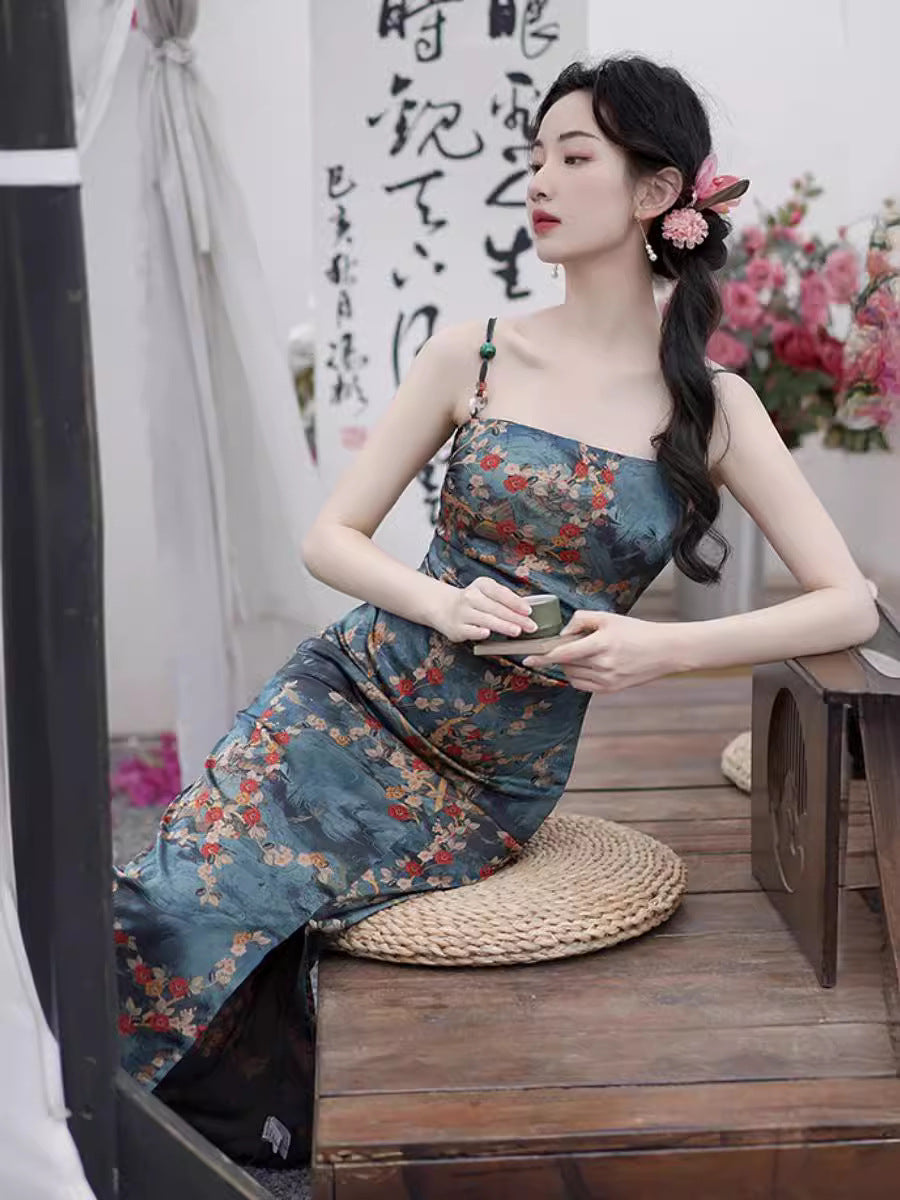 2024 Summer New High Sense Slim-Fit Figure Flattering Long Dress Retro Color Printing Sleeveless Split Dress National Style