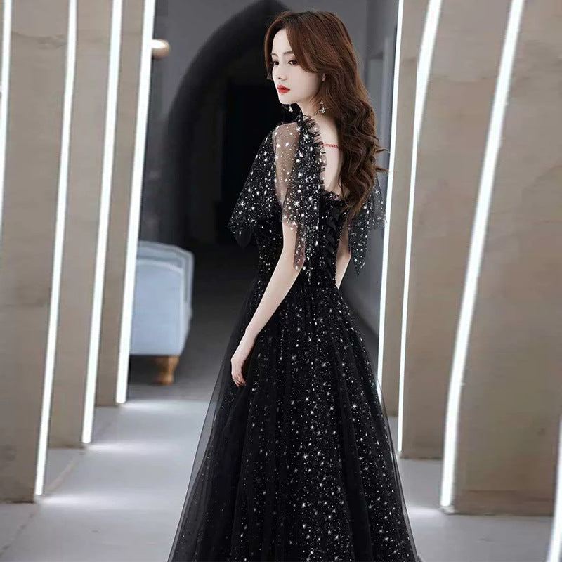 Black Evening Dress Women's High Sense Host Banquet 2024 New Autumn High-End Temperament Light Luxury Minority