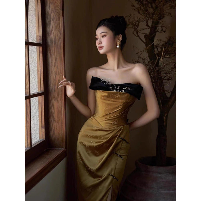 Morning Gowns Women's 2024 New High-Grade New Chinese Style Tube Top Toast Clothing Niche Retro Slit Bride Engagement Formal Dress