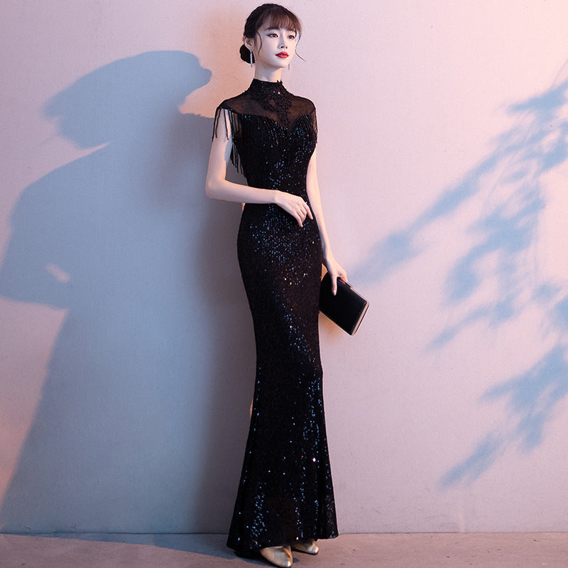 Black Evening Dress Women's 2024 New Summer and Autumn Temperament Banquet Host Light Luxury European and American Socialite Fishtail Long