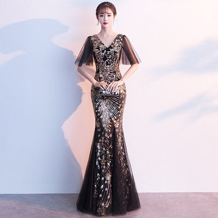 Evening Dress for Women 2024 New Banquet Socialite Gathering Long Style with Medium Sleeves V-neck Black Paillette Host Fishtail