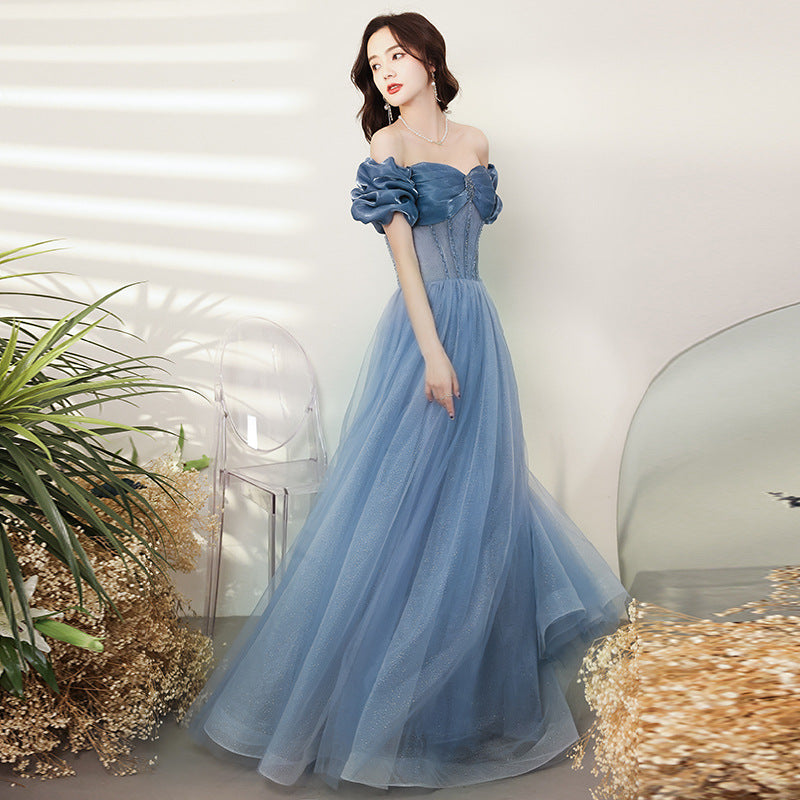 Blue Evening Dress Women's off-Shoulder 2024 New Autumn Banquet Temperament Performance Host Texture Art Exam Dress