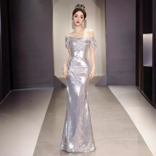 Evening Dress Women's off-Shoulder High-Grade Adult Ceremony Light Luxury Minority High-End Art Exam Host Banquet Temperament Fishtail Skirt
