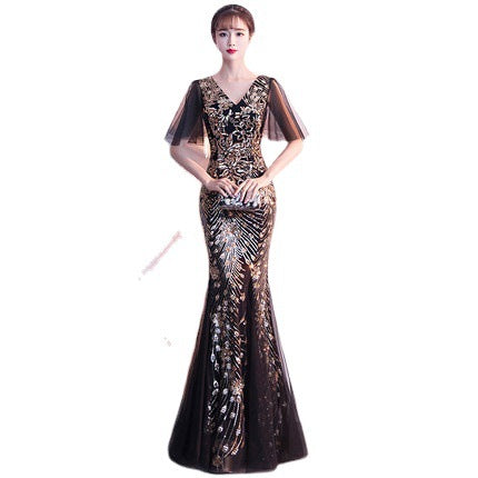 Evening Dress for Women 2024 New Banquet Socialite Gathering Long Style with Medium Sleeves V-neck Black Paillette Host Fishtail