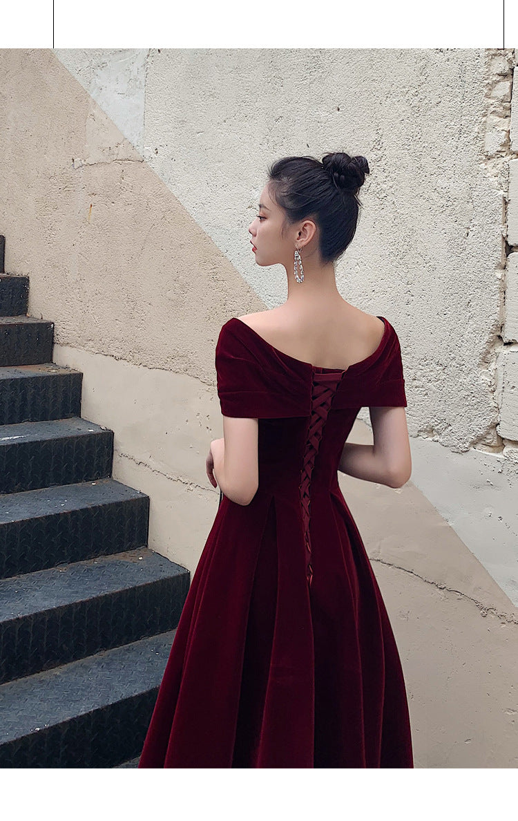 Bridal Toast Clothing Velvet 2024 New High-Grade off-Shoulder Banquet Temperament Engagement License Host Evening Dress