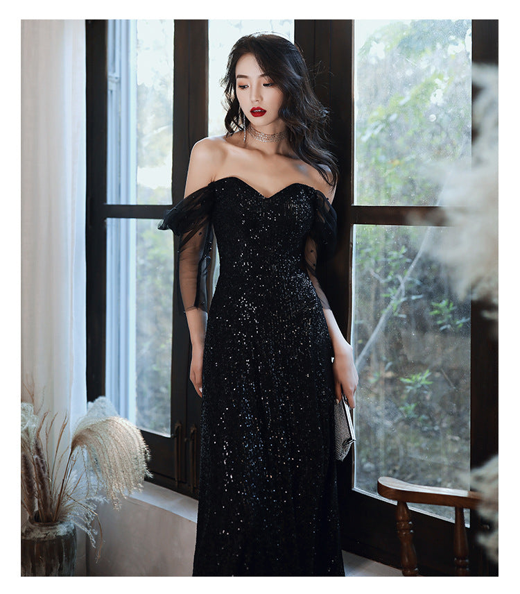 Black Evening Dress Host French Style 2024 New Women's Banquet Temperament Daily Style Slimming Queen Dress