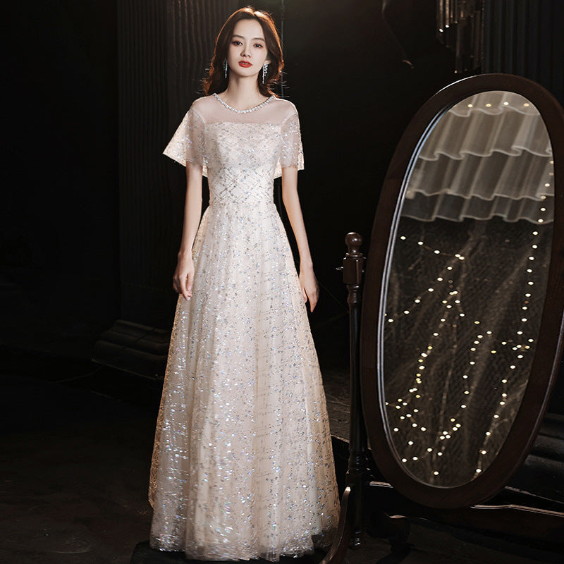 2024 New Sequined Evening Dress Women's High Sense Special Interest Light Luxury Banquet Temperament Annual Meeting Dinner Host