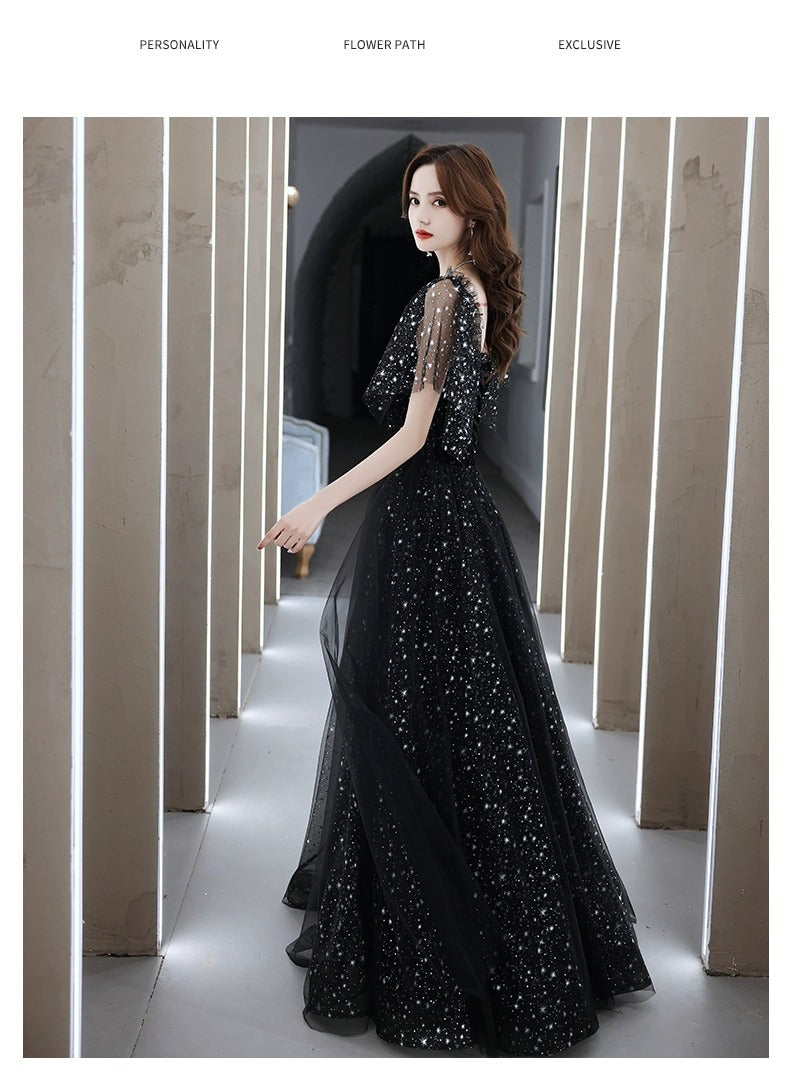 Black Evening Dress Women's High Sense Host Banquet 2024 New Autumn High-End Temperament Light Luxury Minority