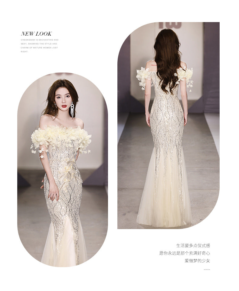 Fishtail Evening Dress 2024 off-Shoulder High-End Affordable Luxury Niche High-End Host Sequined Annual Meeting Dinner Flash