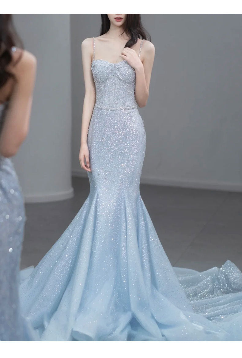 Fishtail Evening Dress High-Grade Model Catwalk Student Art Exam Toast Dress Bride Super Fairy Blue French Strap