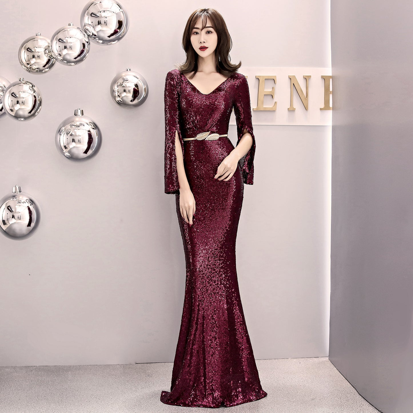 1572# Evening Gown Women's Banquet Elegant Host Sexy Slim-Fit Sequined Long Fish Tail Winter