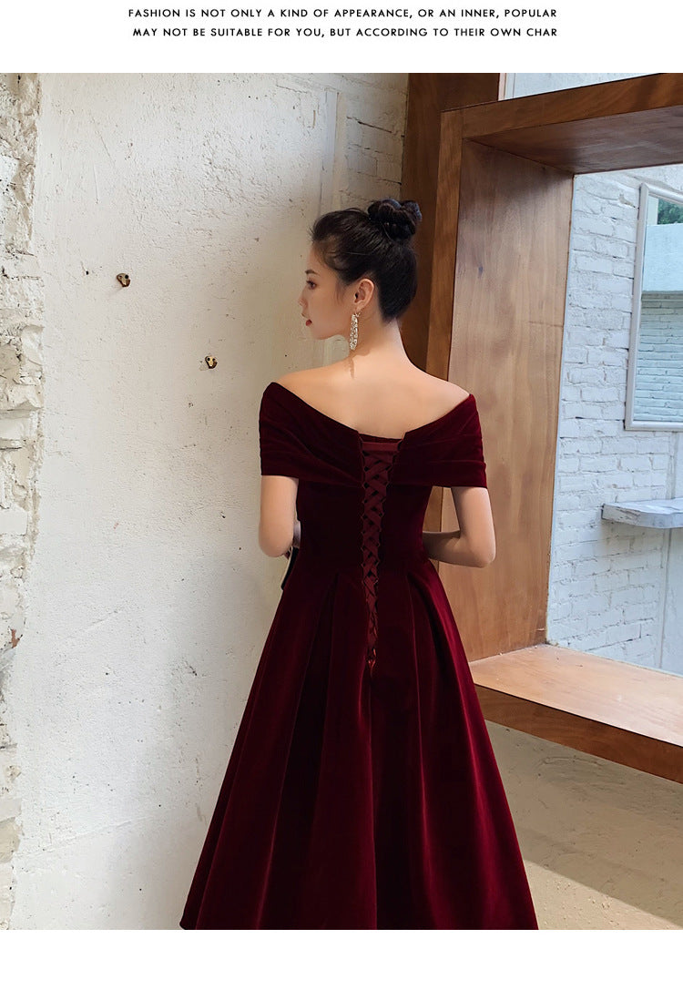 Bridal Toast Clothing Velvet 2024 New High-Grade off-Shoulder Banquet Temperament Engagement License Host Evening Dress