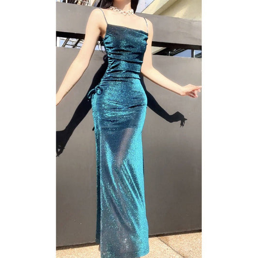 [Rona River Starry Night] Light Luxury Bright Silk Sling Dress Elegant Slimming High-End Evening Dress High-End Dress