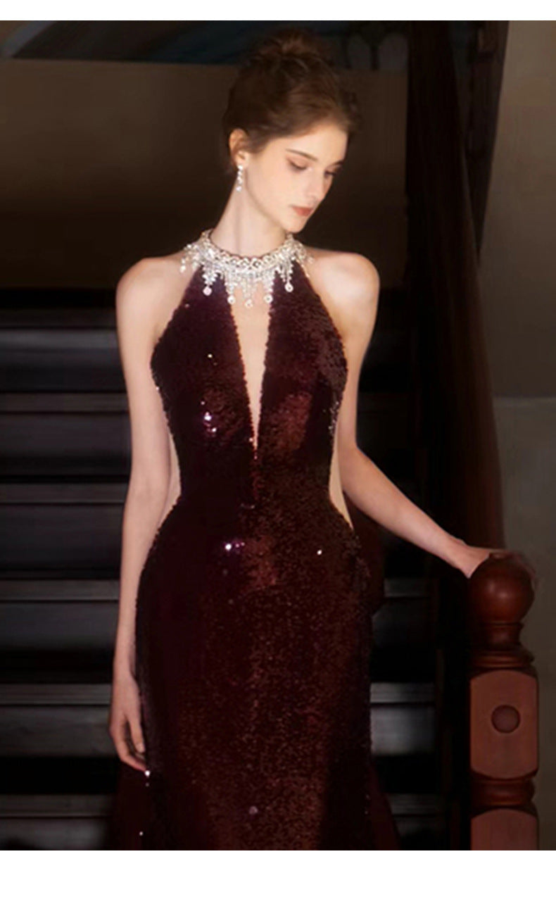TOAST Clothing 2024 New High Sense Wine Red Bride Engagement Formal Dress Banquet Temperament Host Evening Dress Women