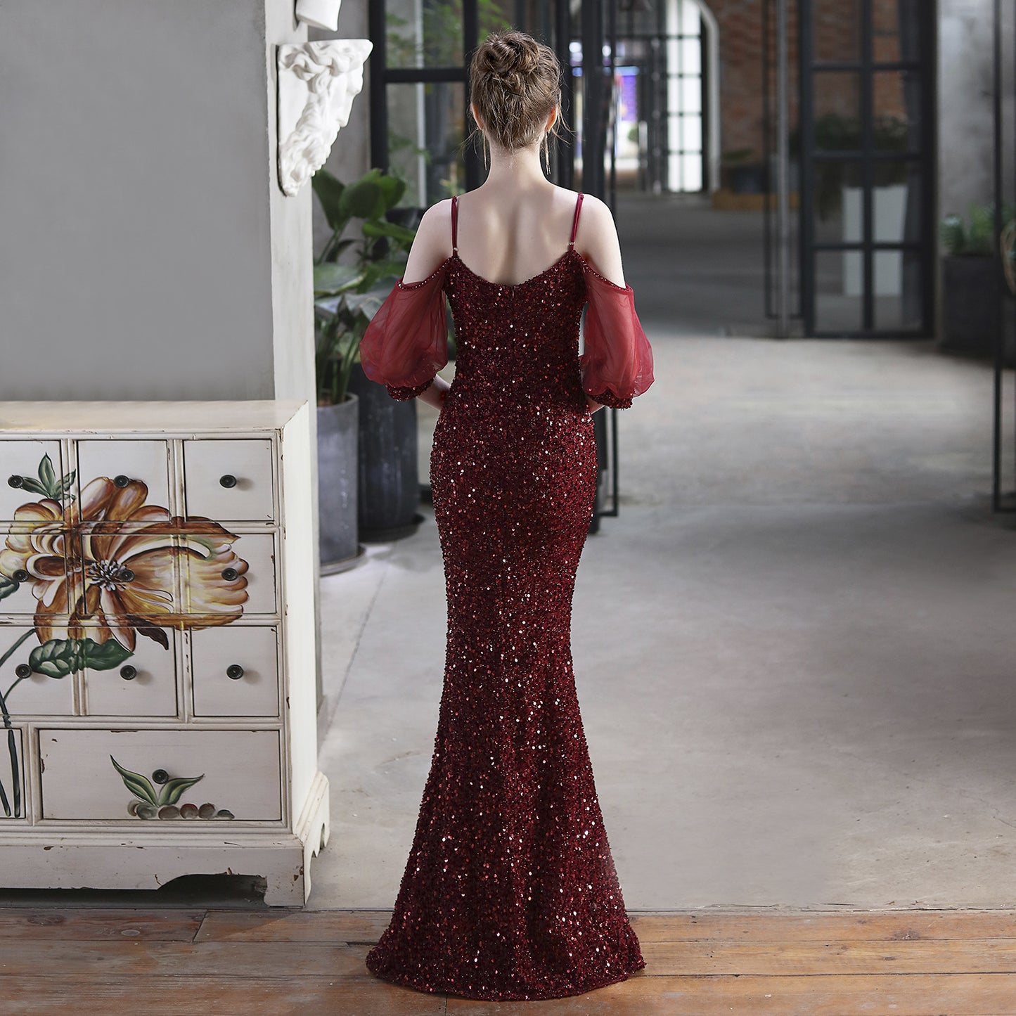 18685# Colorful Sequin Toast Dress Bride Long Appreciation Dinner Slim-Fit Fishtail Skirt Wedding Car Model Exhibition Dress