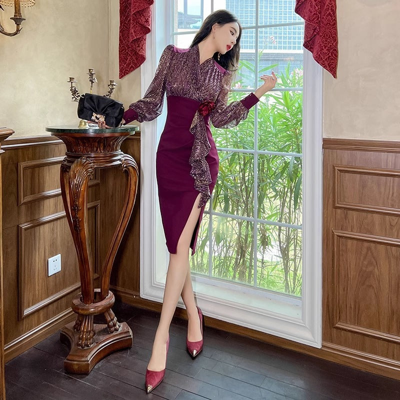 New Fall Women's Clothing Slim Fit Slimming Long Sleeves Dress Elegant High Sense Light Luxury Minority Red Engagement Dress