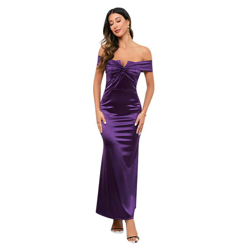 Amazon Cross-Border European and American Hot Evening Dress Women's Dress off-the-Shoulder Cross Knot Wrapped Chest Fishtail Dress