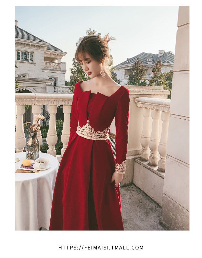 Toast Dress Bride 2024 New Autumn Velvet Long-Sleeved Red Back-to-Door Dinner Dress Marriage Engagement Toast