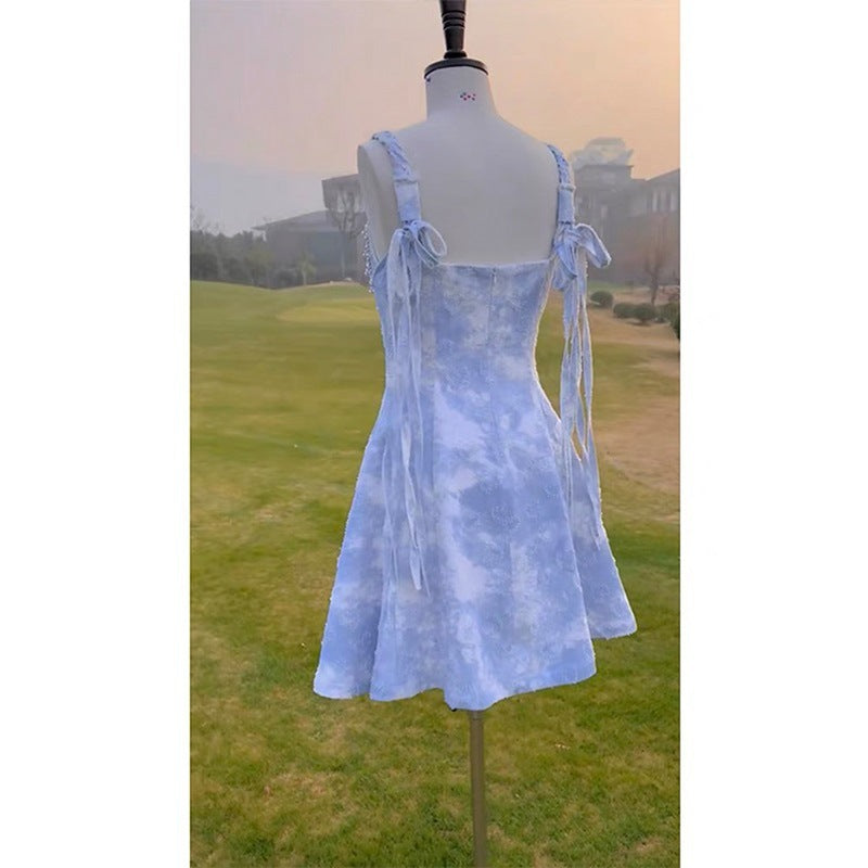 Socialite Waist-Tight Dress Slimming Denim Jacquard Sling Dress Beaded French Retro Tassel Blue Chenille