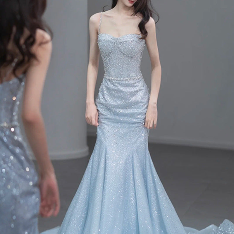 Fishtail Evening Dress High-Grade Model Catwalk Student Art Exam Toast Dress Bride Super Fairy Blue French Strap