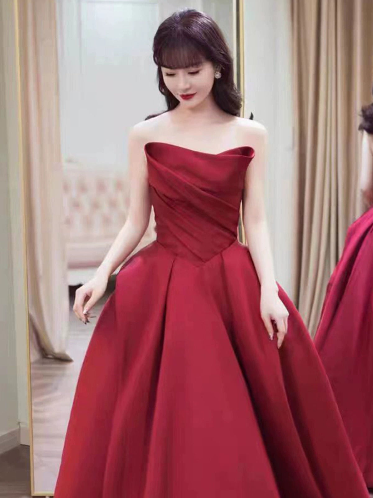 Wine Red Tube Top High-End Bridal Toast Clothing Satin High-End Sense Wedding Evening Dress Host Performance Costume Long