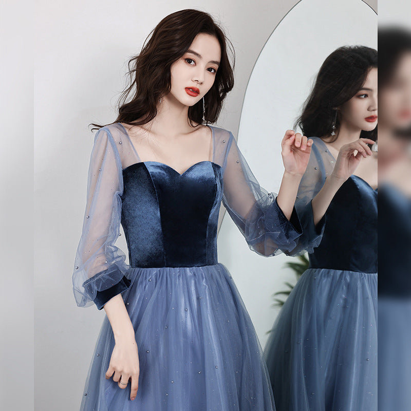 Evening Dress 2024 New Spring Velvet Slimming Long Birthday Party Host Banquet Temperament Belly Covering Dress for Women