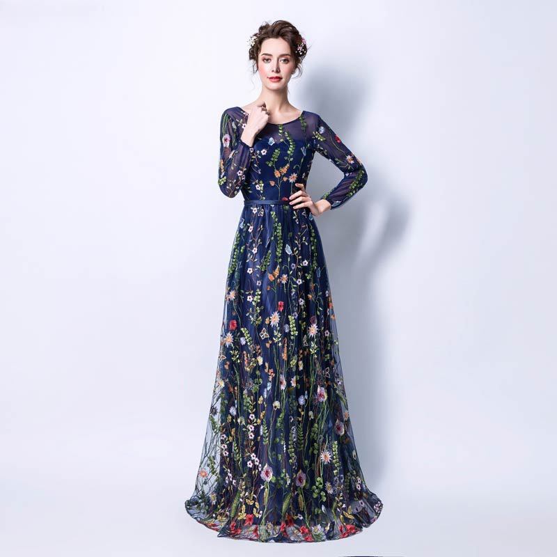 Evening Dress Long Sleeve Floral Dinner Prom dresses Lace Host Performance Costume Bridesmaid Dress Annual Party Gown H2238