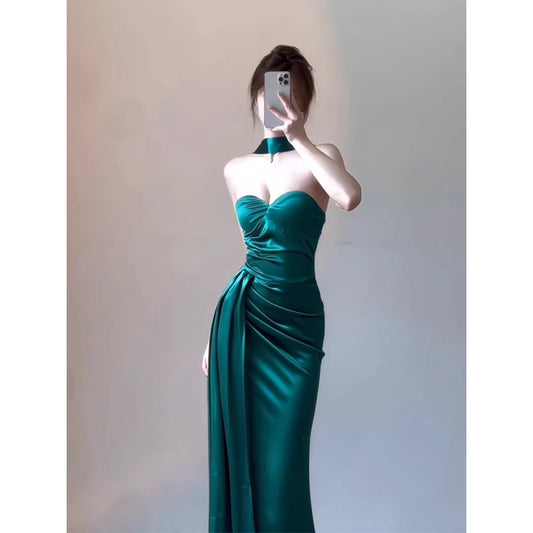 Birthday Dress High-Grade Evening Dress High-End Affordable Luxury Niche Toast Dress Socialite Satin Tube Top Halter Dress