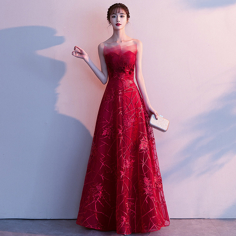 Toast Dress Bride 2024 New Autumn Winter Sexy Strapless Long Type Slimming Wedding Appreciation Dinner Red Evening Dress for Women