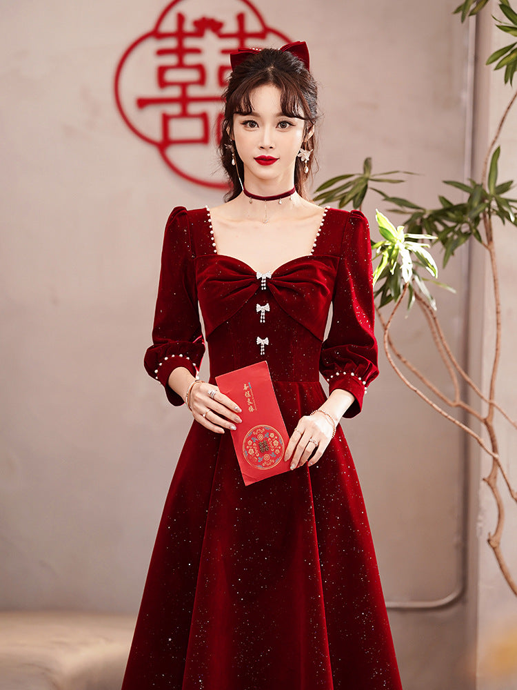 Toast Dress Bride Red Dress Women's High-Grade Skirt Small Engagement Dress Long Sleeve Daily Style Women