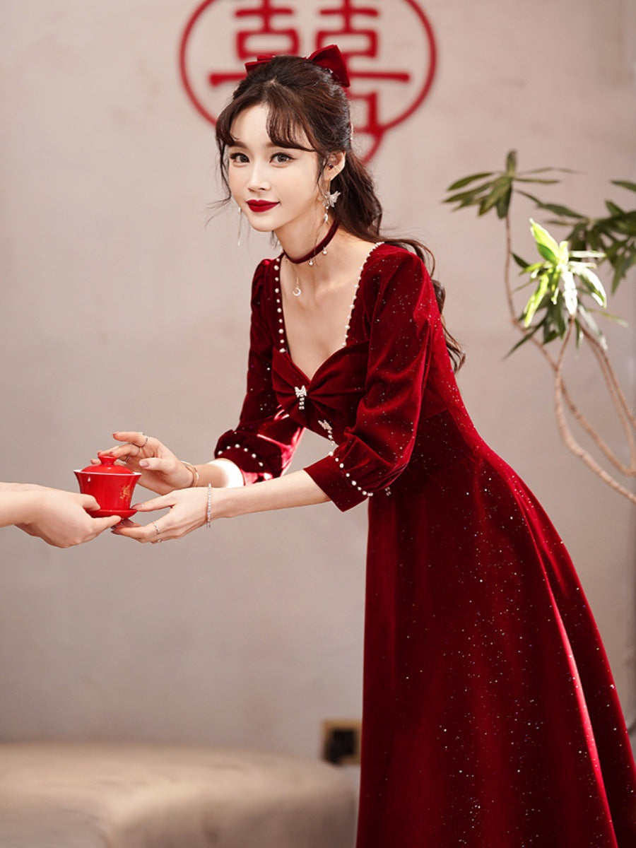 Toast Dress Bride Red Dress Women's High-Grade Skirt Small Engagement Dress Long Sleeve Daily Style Women