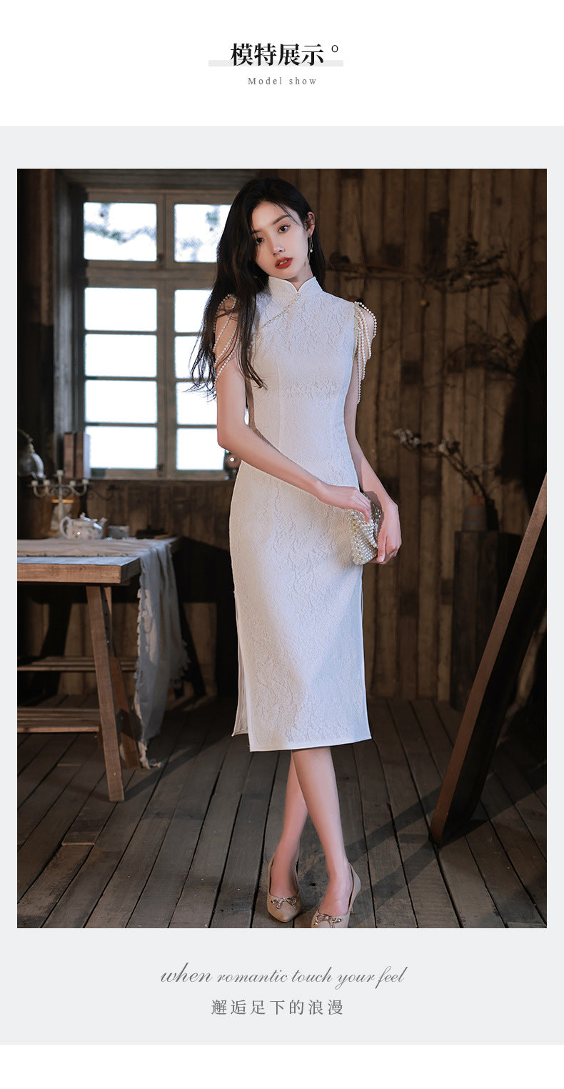 2024 New Cheongsam Little Evening Dress Dress Spring White Birthday Engagement License Registration Daily Style