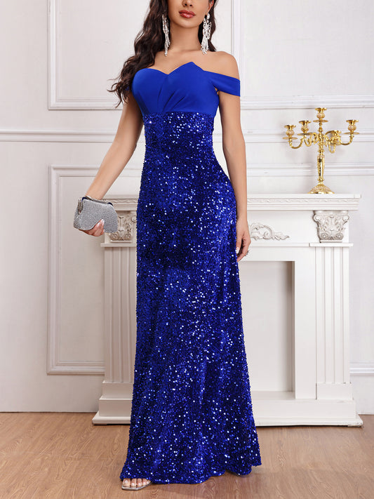 European and American Women's Clothing Elegant Graceful Sequins Dress Cross-New Foreign Trade Russian European Station off-Shoulder Dress