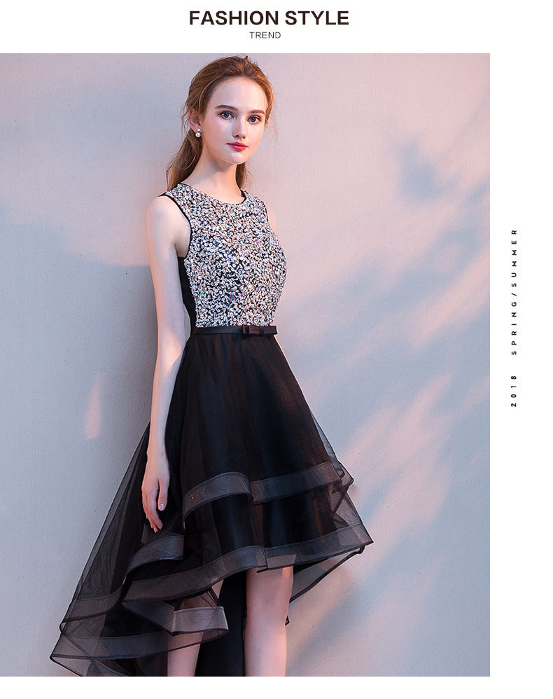 Black Evening Dress Women's New Banquet Noble Performance Front Short Back Long Host round Neck Sequins Small Dress Stage