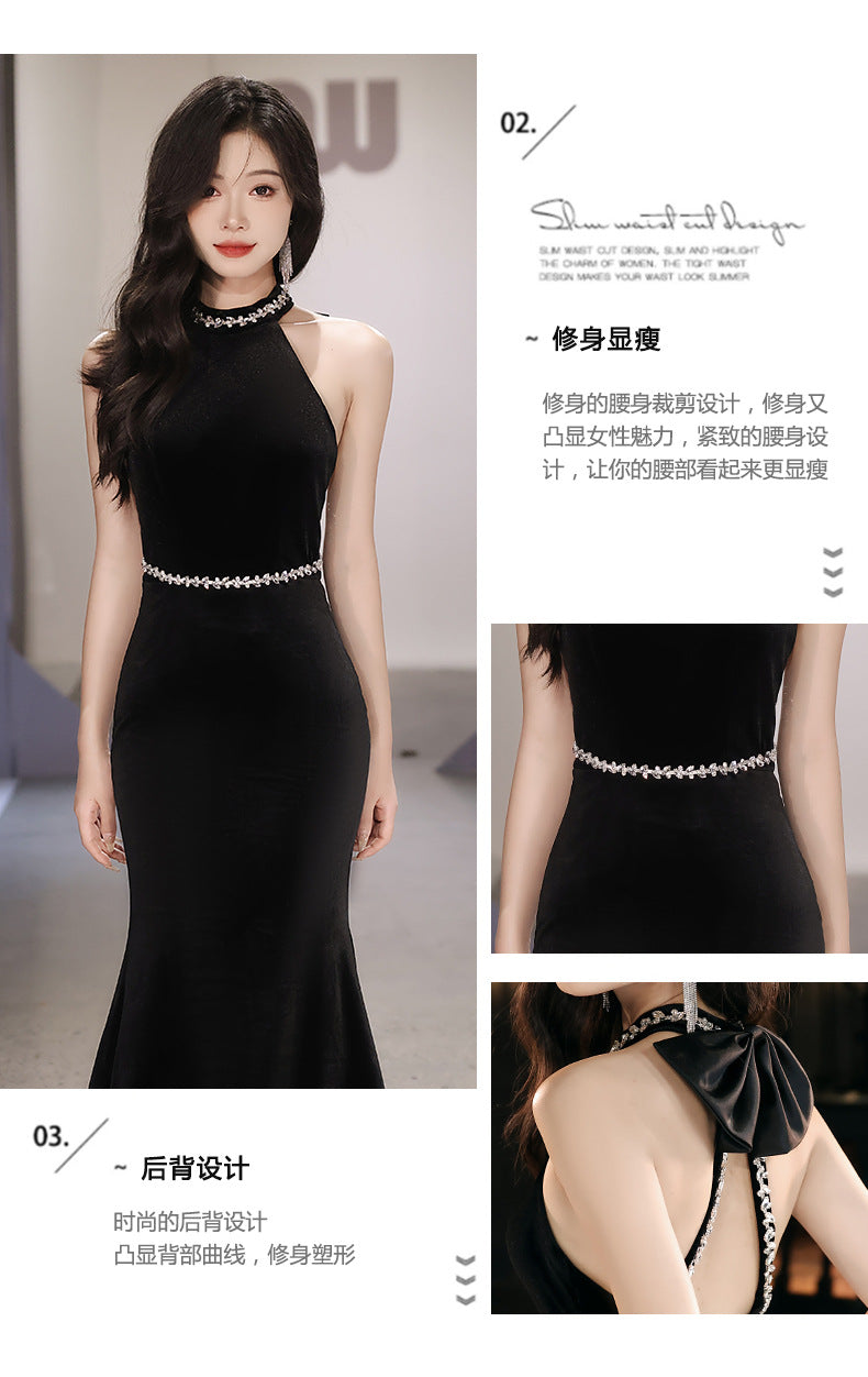 Black Evening Dress 2024 New High-End Temperament Socialite Halter Host Annual Meeting Fishtail Gown Dress