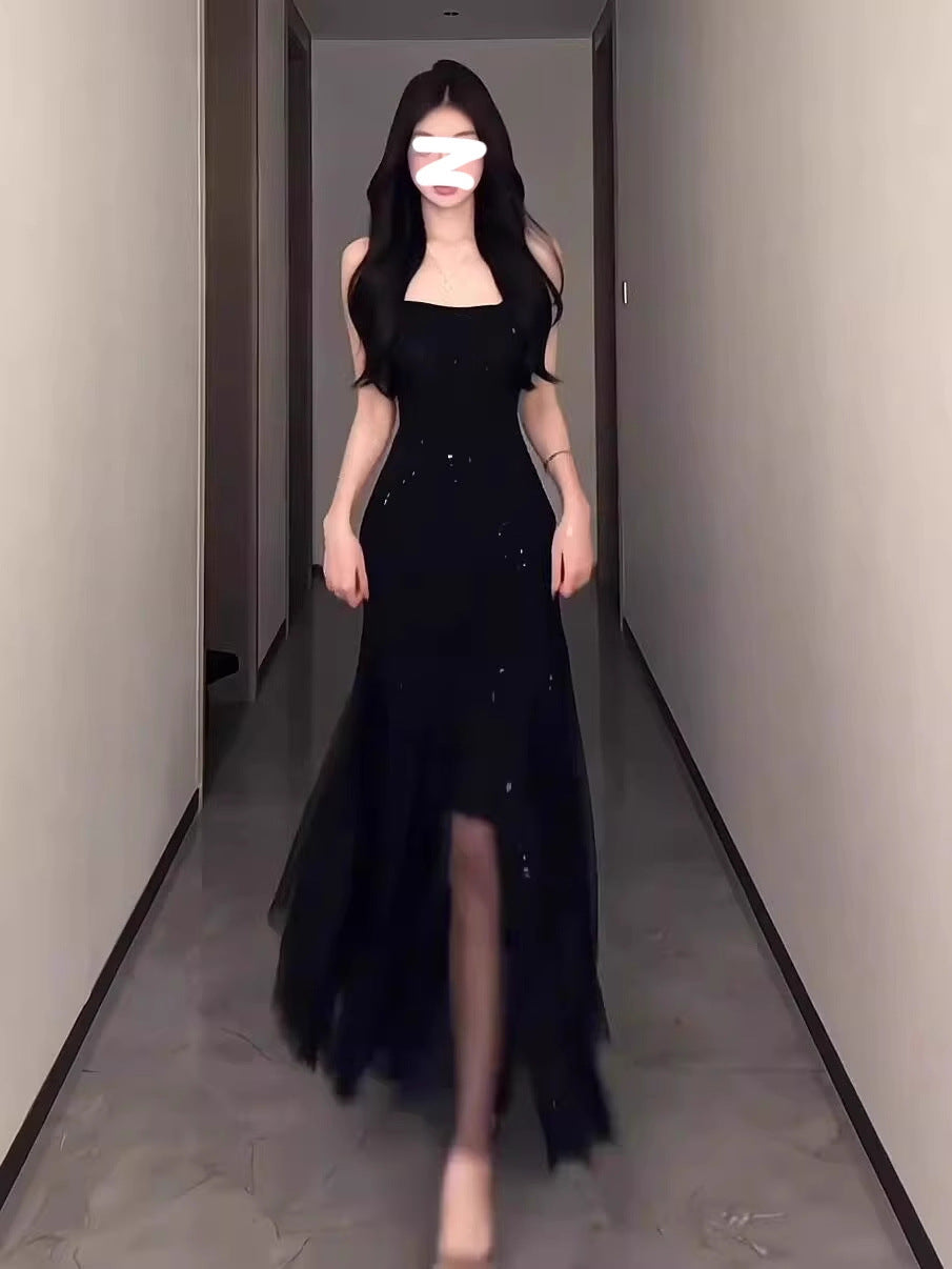 French Style Black Heavy-Duty Sling Dress Women's Summer Evening Dress Temperament Waist-Controlled Slim Fit Sexy Fishtail Long Dress