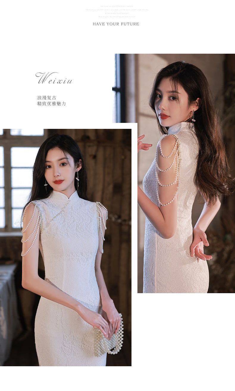 2024 New Cheongsam Little Evening Dress Dress Spring White Birthday Engagement License Registration Daily Style