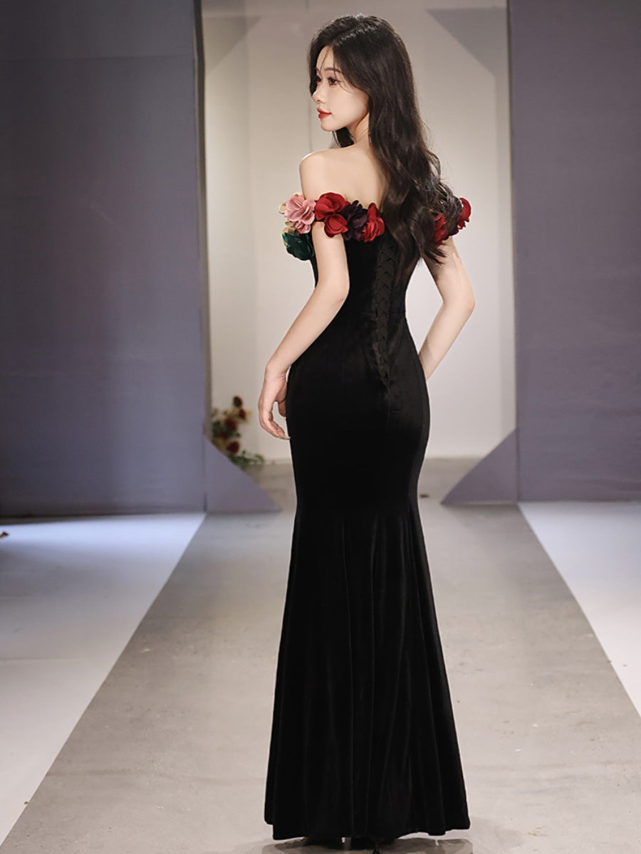 Evening Dresses Flower Gown Black Velet Off Shoulder Dress French Fishtail Long Skirt H88323