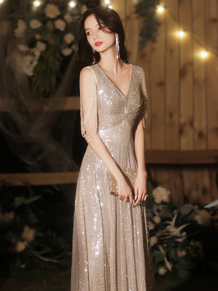 Prom dress Golden Tassel Sequins Dress Host Champagne Annual Party Banquet shimmering day Evening Dresses H7766