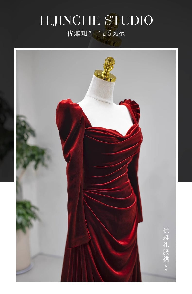 High-Grade Velvet Toast Dress Wine Red Long Sleeve Bride Engagement Dress Banquet Host Dress Annual Meeting Dress