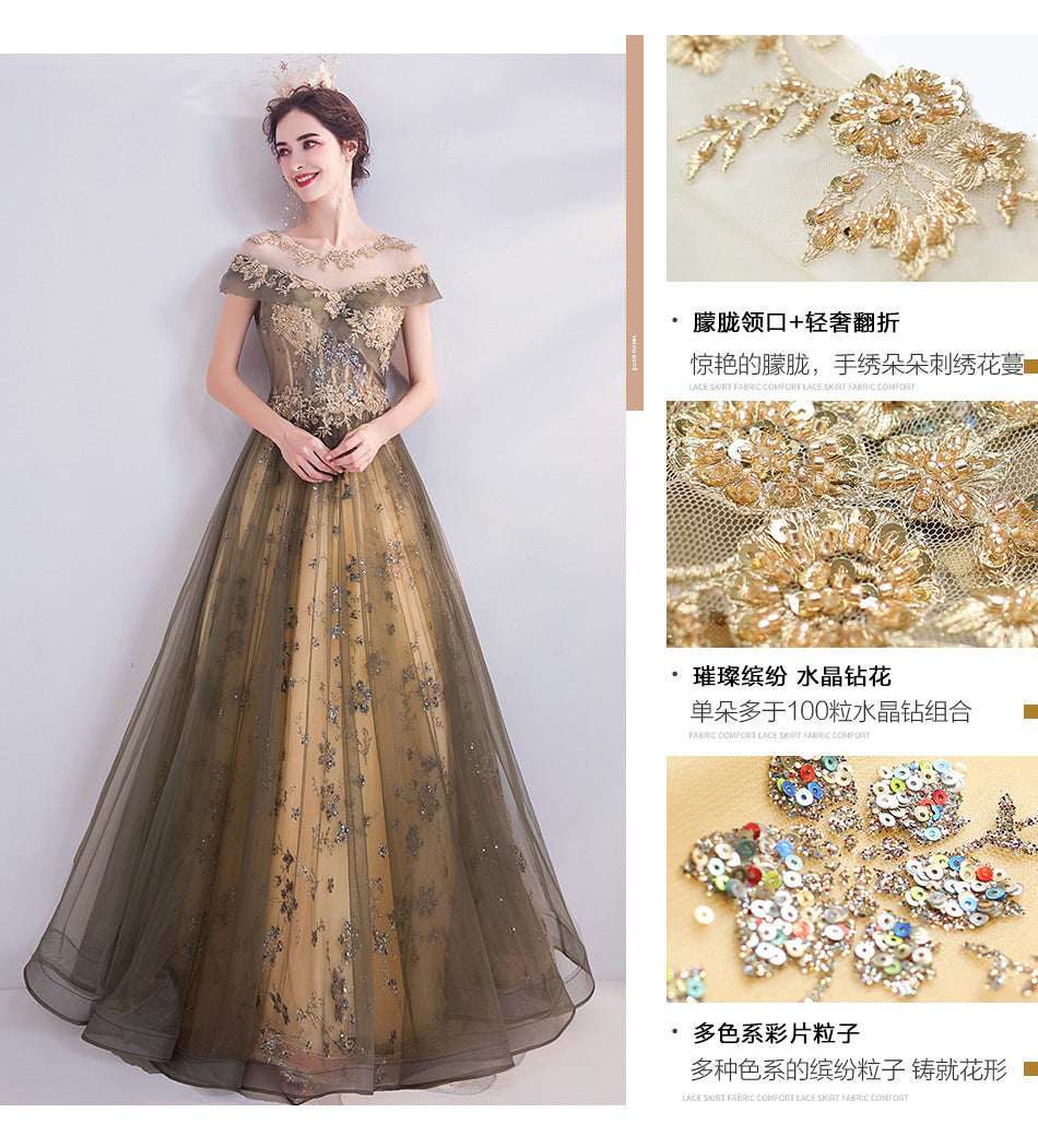 Golden Banquet Evening Dress Stage Show Solo Performance Chorus Host Wedding Dress Evening Dress Princess on the Run