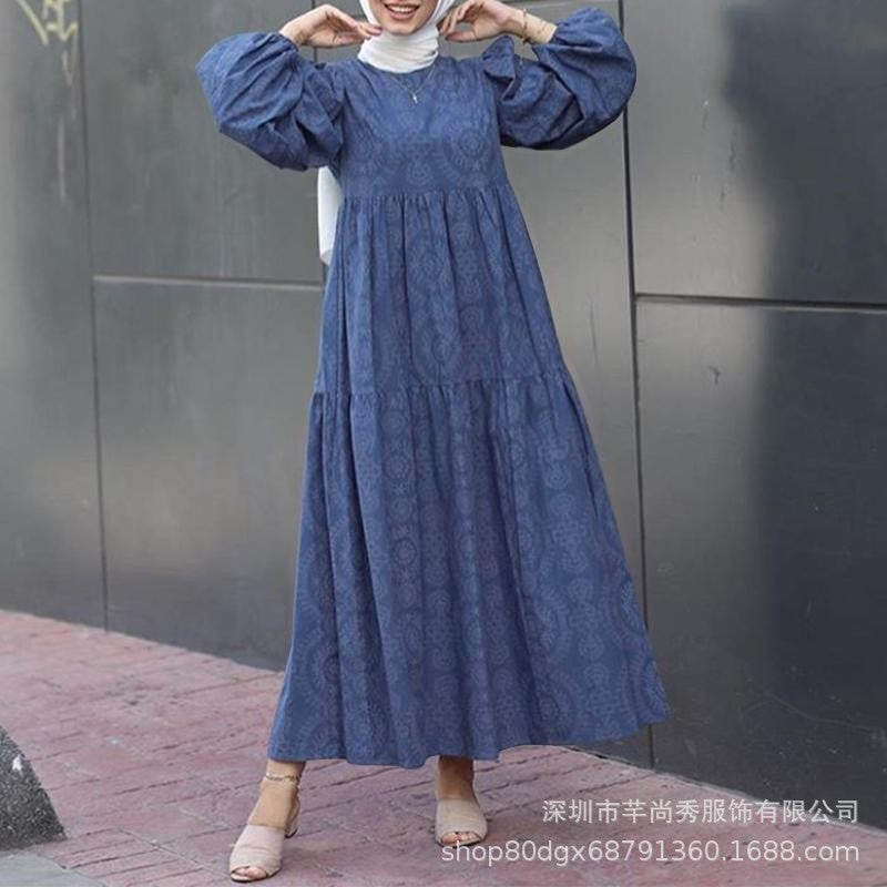 New Muslim Print Pattern round Neck Pullover Loose Casual Dress