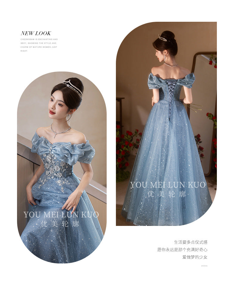 off-Shoulder Blue Evening Dress 2024 New High-End Beautiful Light Luxury Minority Host High Sense Annual Meeting Women