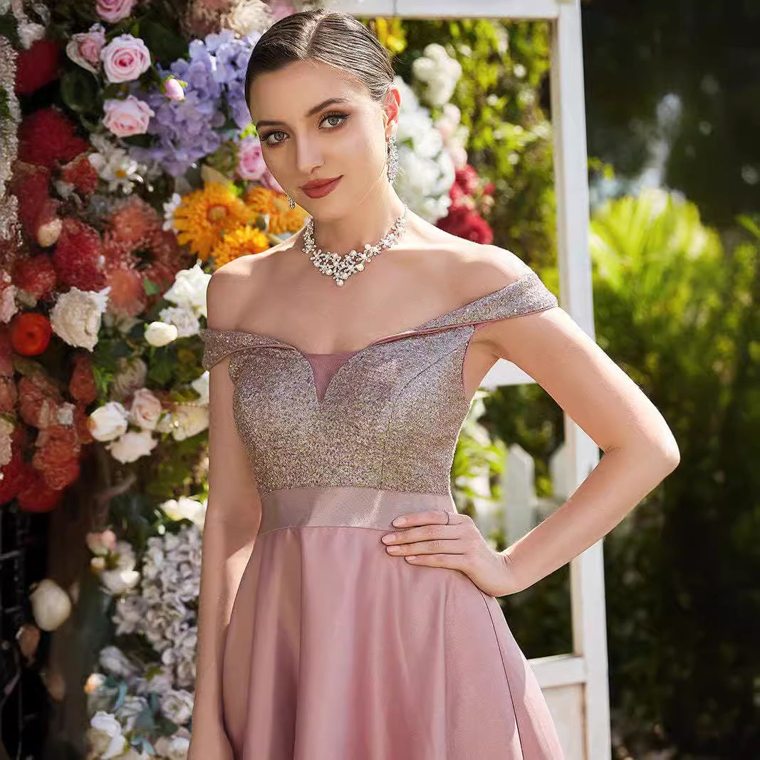 Europe and America Cross Border Foreign Trade off-Shoulder Evening Dress off-Shoulder Sequins High-End Banquet Graceful Satin Dress Small Tail