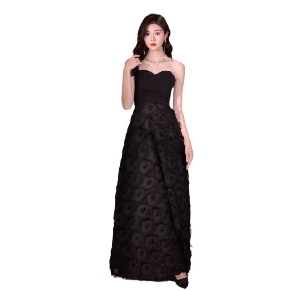 Black Tube Top Evening Dress for Women 2024 New Banquet Temperament Host Long Dress Student Art Exam 18-Year-Old Dress Autumn