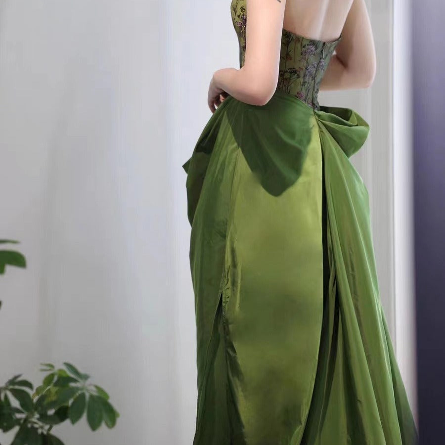 Green New Chinese Style Morning Gowns Dress Toast Dress Bride Engagement Dress Light Luxury Minority Long Tube Top Dress